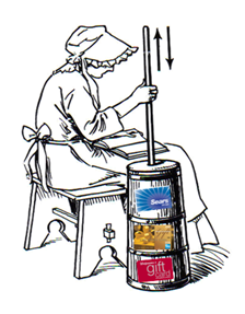 a woman sitting on a stool with a barrel of gift cards