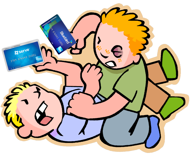 a cartoon of two boys fighting with credit cards
