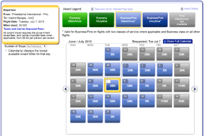 Business Class availability on PHL-MAD in July for 6 tickets.