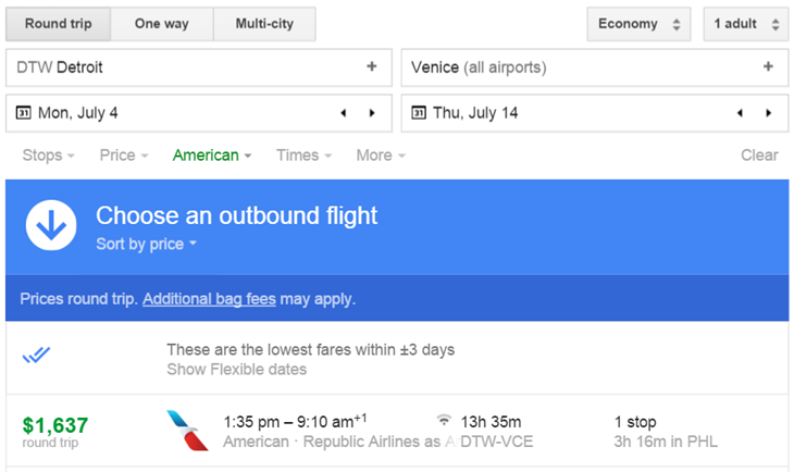 upgrade AA coach to business class DTW VCE Round Trip via Google Flights