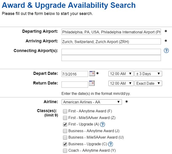 upgrade AA coach to business class search PHL-ZRH