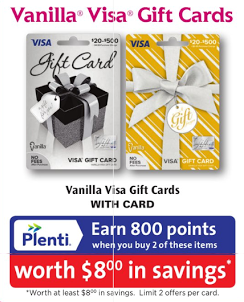 a gift cards with a white ribbon and a blue and red rectangle