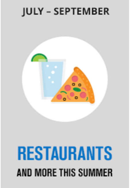 a menu card with a slice of pizza and a glass of water