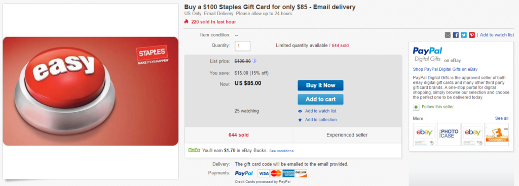 staples gift cards ebay