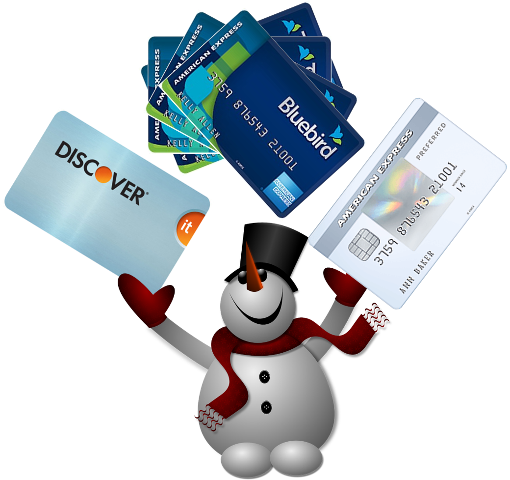 a snowman holding credit cards