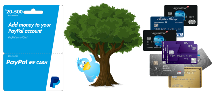 a blue bird and a tree with credit cards