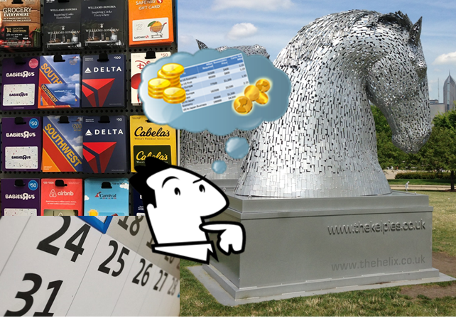 a statue of a horse with a calendar and a cartoon character