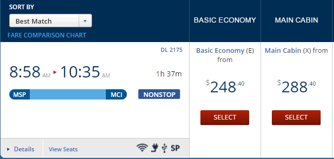 Delta Minneapolis to Kansas City Basic Economy vs Main Cabin