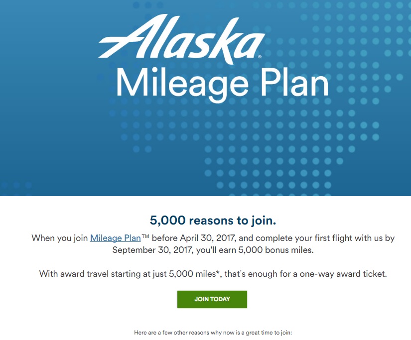 Alaska Mileage Plan 5000 Join bonus