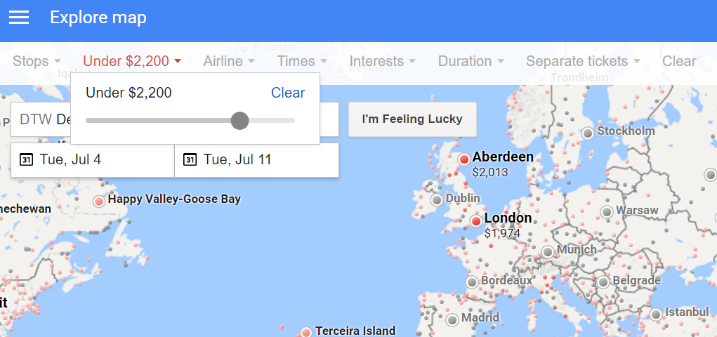 Google Flights Discover Destinations Filter Price