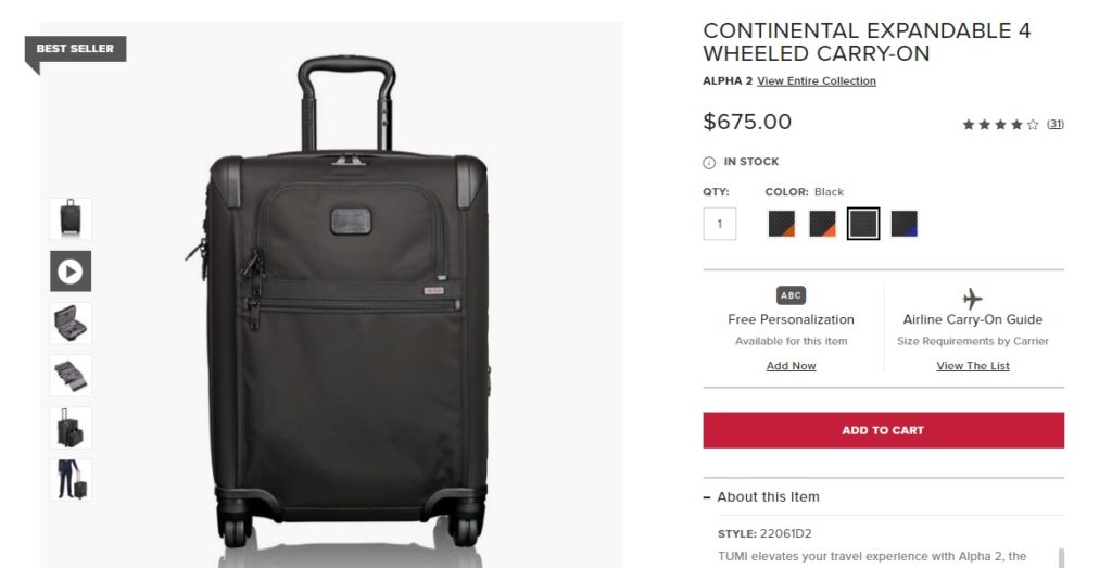 Standard pricing from Tumi.com before 20% off