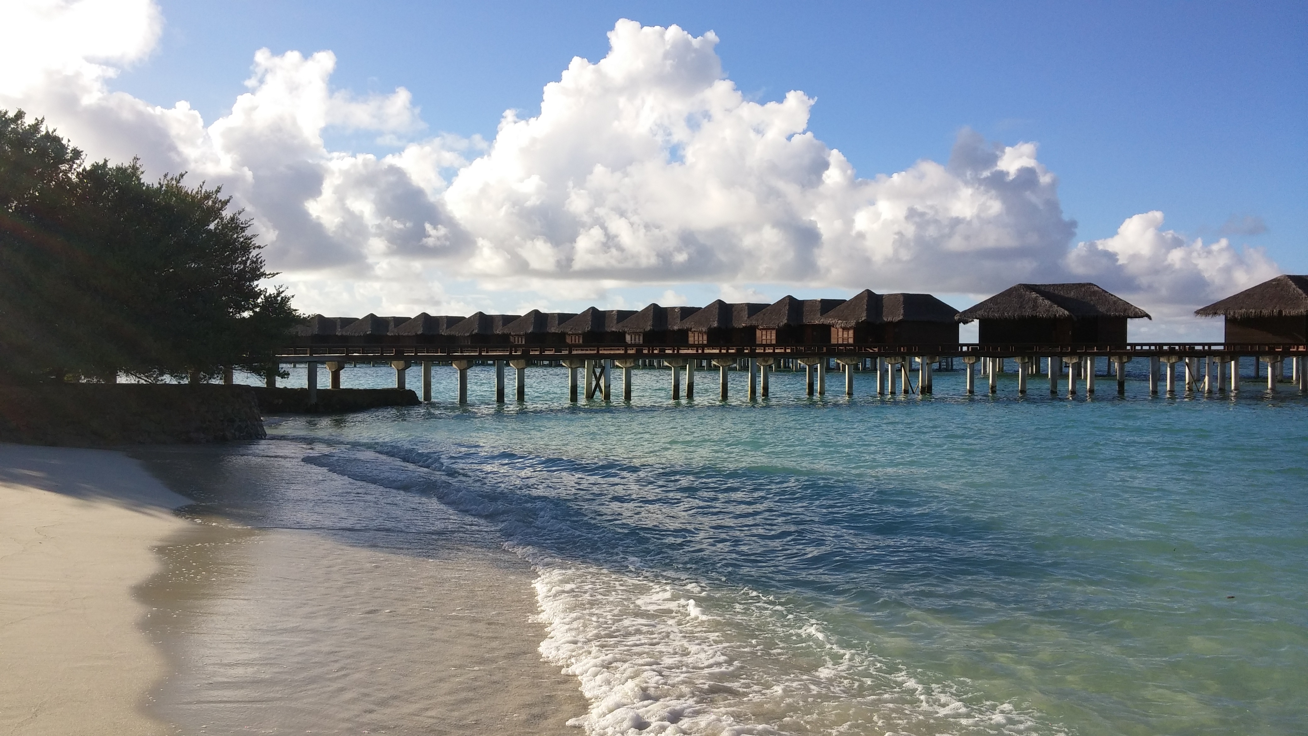 a beach with a pier and buildings