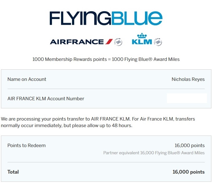 Flying Blue Transfer from Membership Rewards