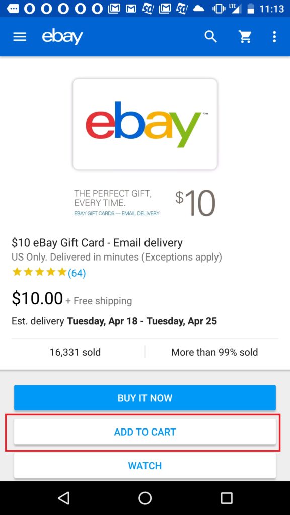 ebay gift card with bucks add to cart