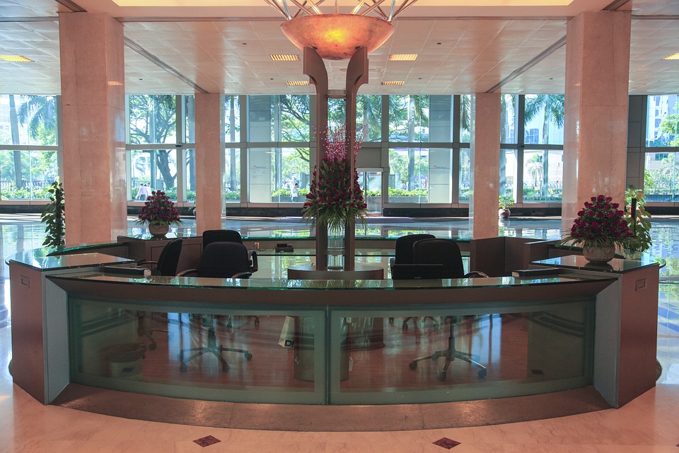 a reception desk in a building