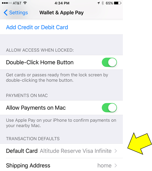 default Apple Pay card: Apple Pay Settings Set Default Card