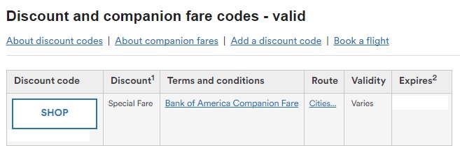 discount and companion fare codes