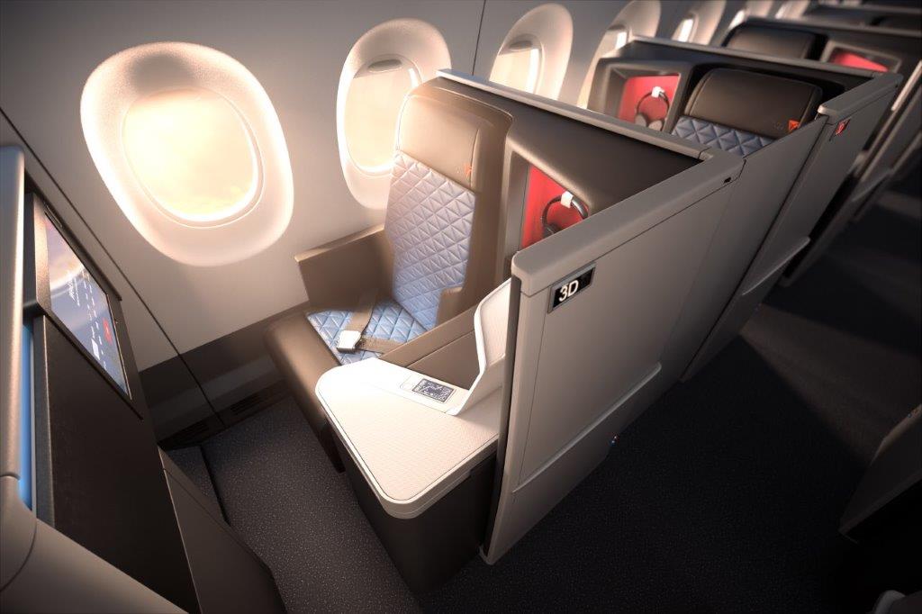 an airplane seat with windows and a seat open