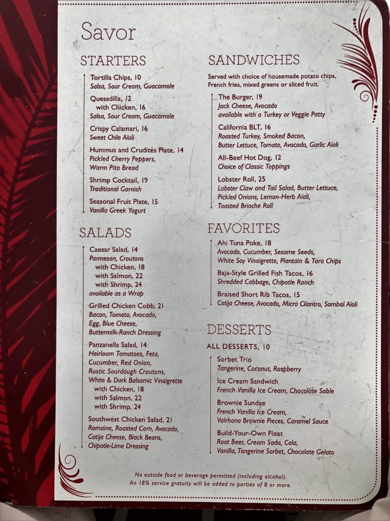 a menu on a red and white background