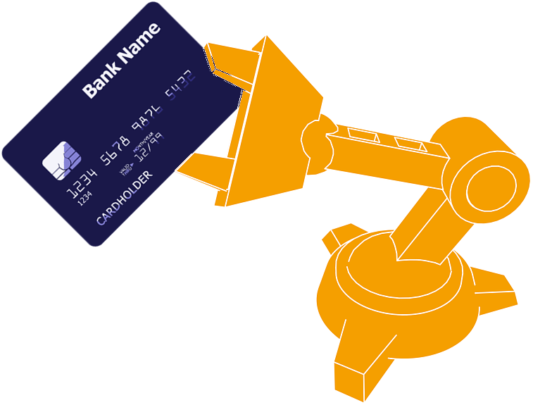 a credit card being held by a robot arm