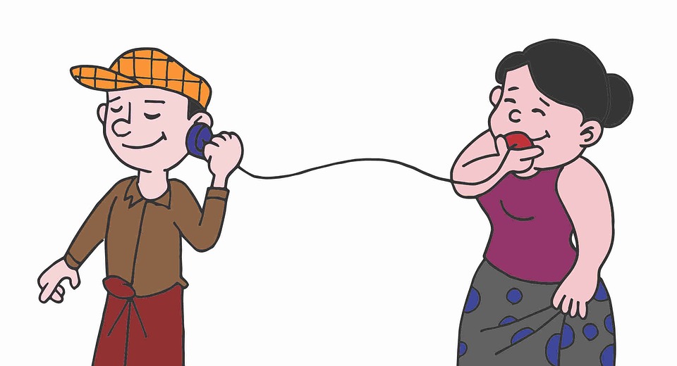 a cartoon of a boy and a woman talking on a tin can phone
