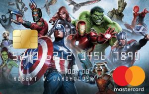 a credit card with a group of superheroes