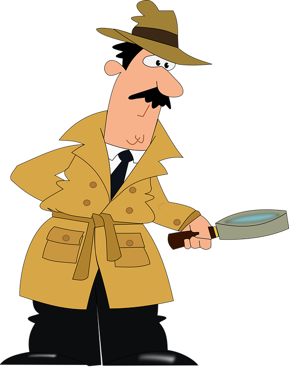 cartoon of a man in a trench coat holding a magnifying glass