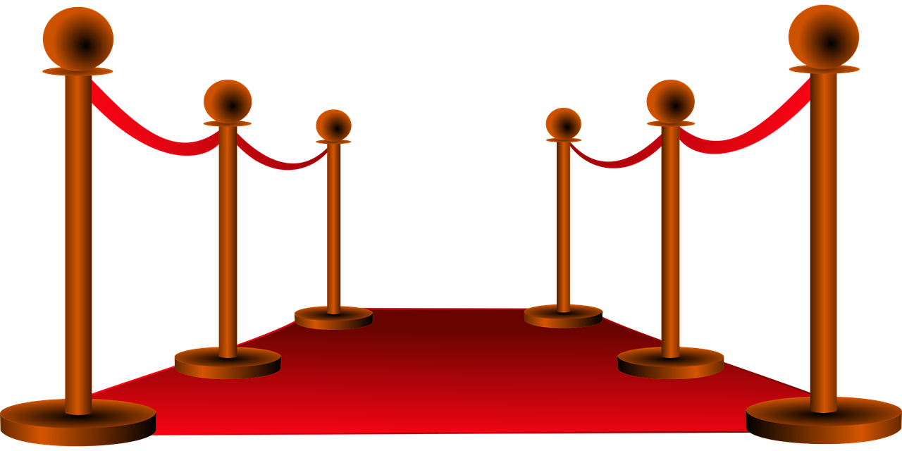 a red carpet with ropes and poles
