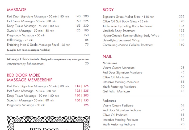 a menu of a beauty salon