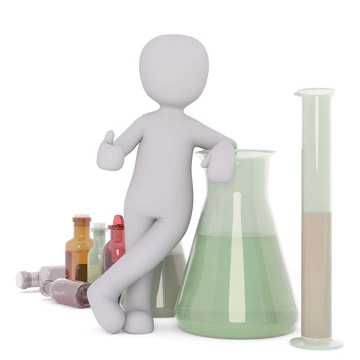 a cartoon character next to a beaker and bottles