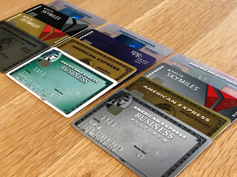a group of credit cards on a table