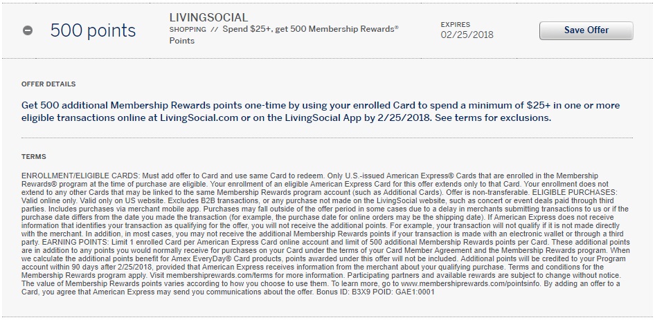 Living Social Amex Offer - spend $25 get 500 Membership Rewards
