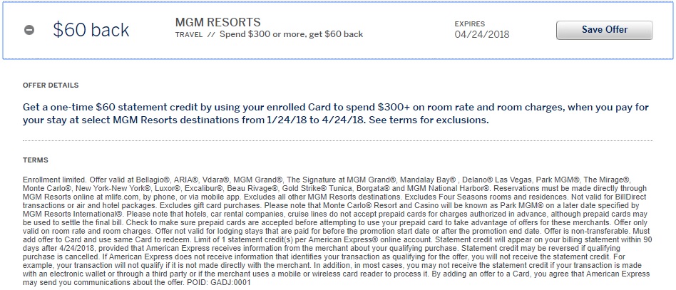 MGM Resorts Amex Offer - spend $300 get $60 back