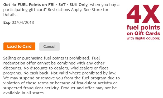 Kroger 4x Fuel Points on Gift Cards