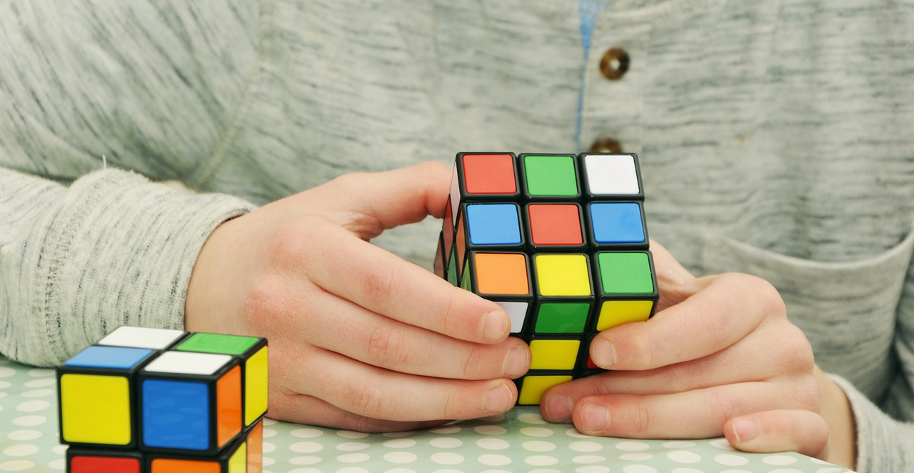 a person holding a rubik's cube