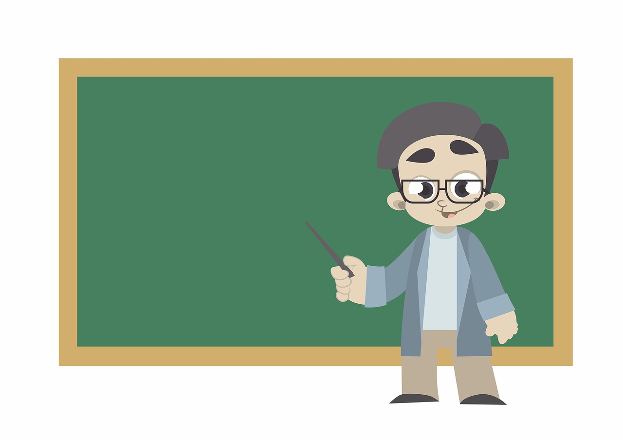 a cartoon of a man holding a pointer in front of a chalkboard