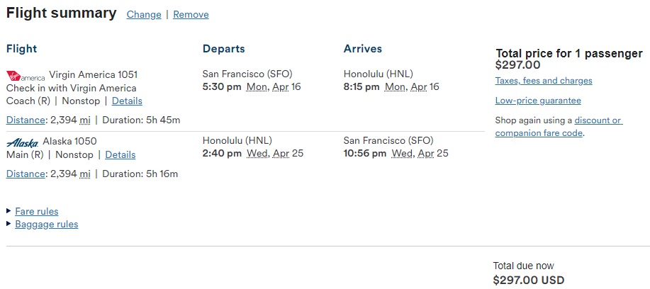 Alaska Airlines SFO-HNL for $297