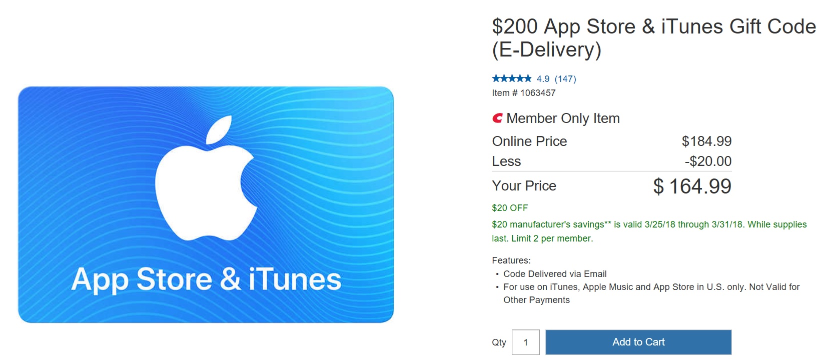 EXPIRED) $200 iTunes for $165 at Costco (should stack w/ $50 back on $250)
