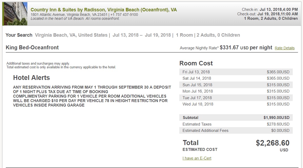 a screenshot of a hotel cost