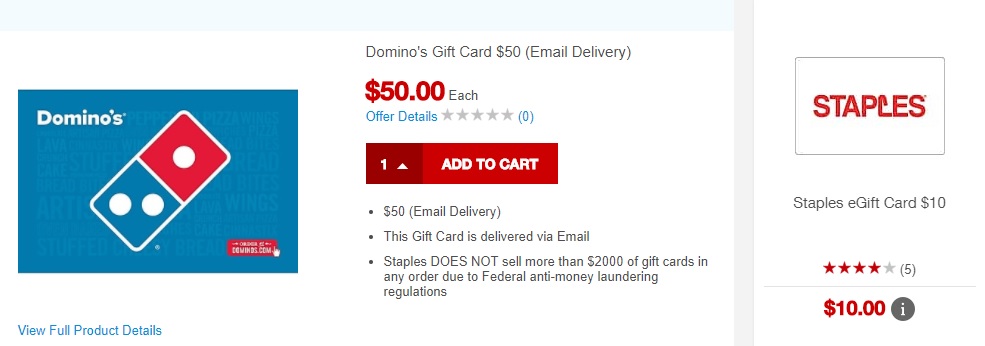 Domino's Staples Gift Card Deal
