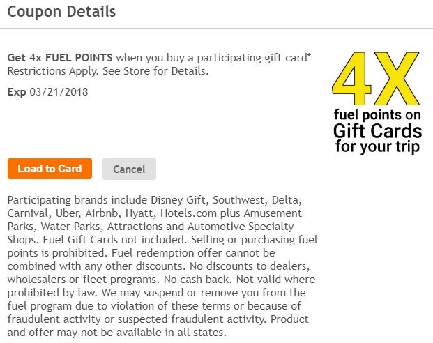 Kroger 4x fuel points on travel gift cards