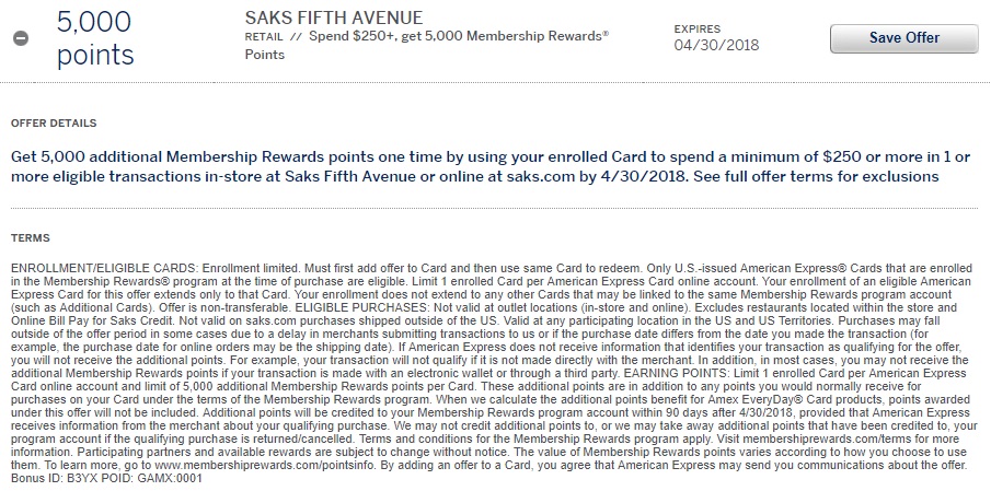 Saks Fifth Avenue Amex Offer - 5,000 Membership Rewards
