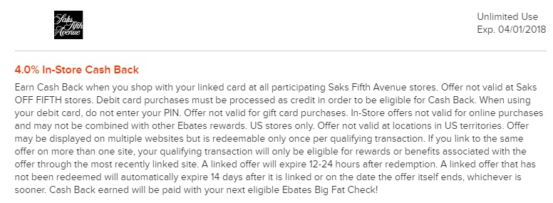 Saks Fifth Avenue Ebates In Store Cashback Terms