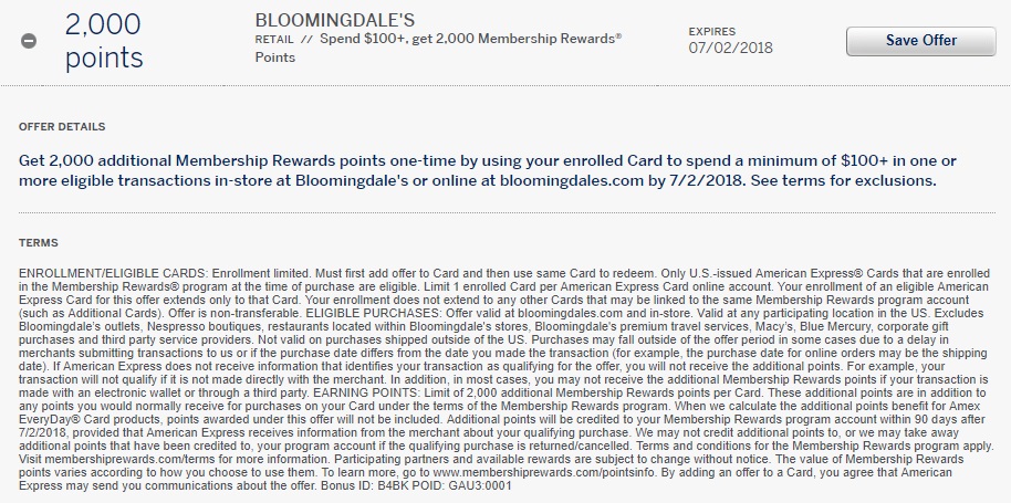 Bloomingdale's Amex Offer - 2,000 Membership Rewards