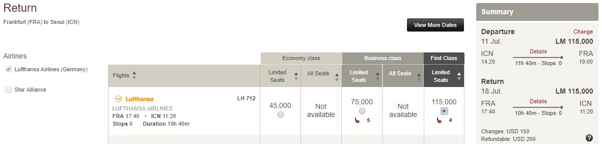 Lufthansa Seoul Incheon to Frankfurt First Class Round Trip
