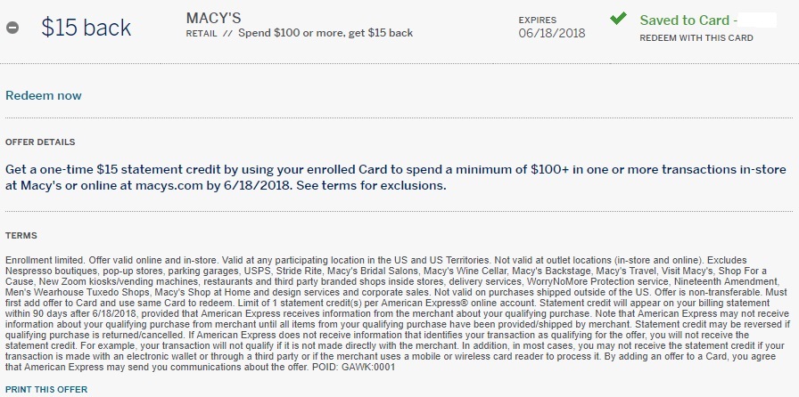 Macy's Amex Offer $15 Back