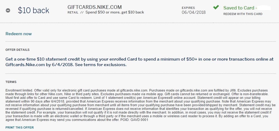 Nike Gift Card Amex Offer $10 Back