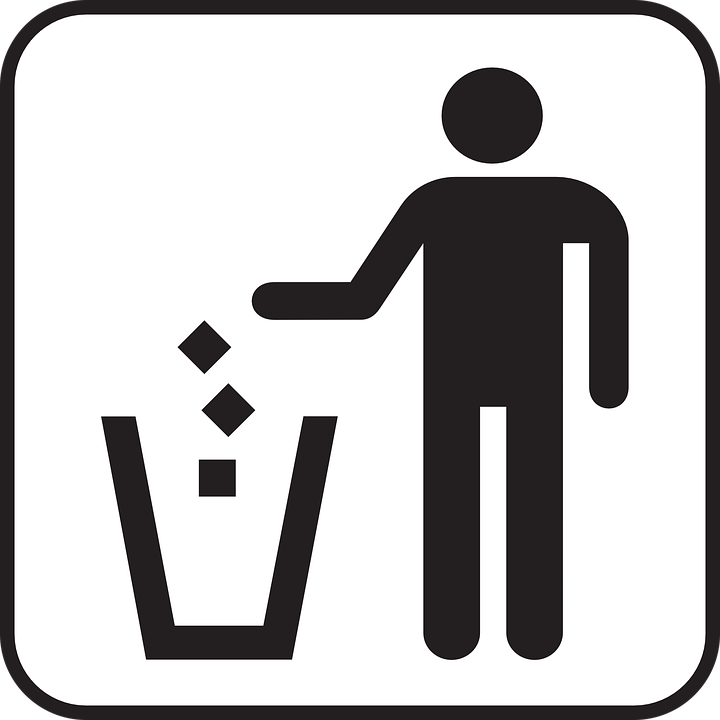 a black and white sign with a person throwing garbage into a trash can
