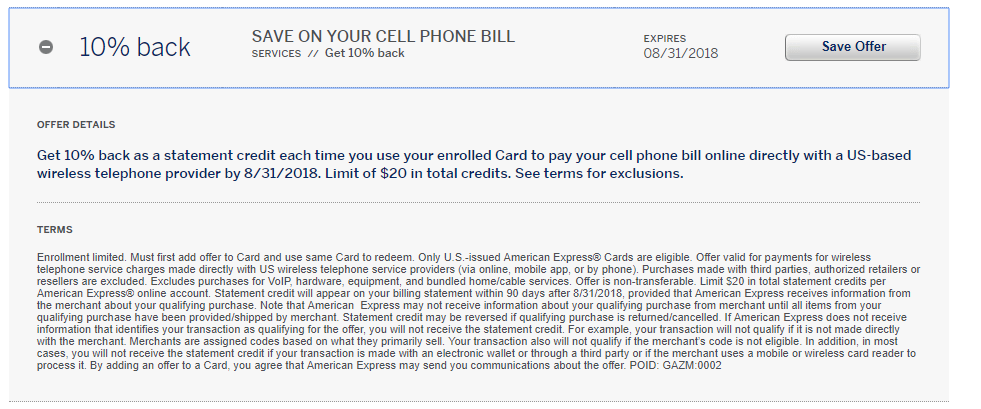 Cell Phone Amex Offer 10% Back