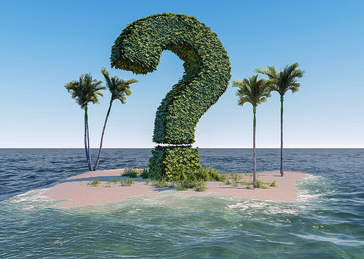 a green question mark on an island in the middle of the ocean
